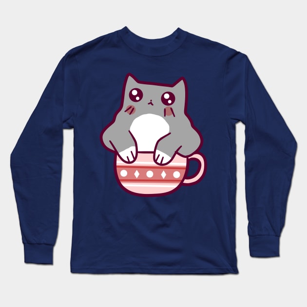 Teacup Gray Kitten Long Sleeve T-Shirt by saradaboru